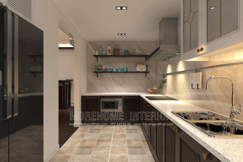 Tủ bếp chữ L với thiết kế hiện đại đơn giản kết hợp chất liệu gỗ tự nhiên nhập khẩu cao cấp cùng màu sắc tương phản mang lại cảm giác căn hộ rộng hơn thực tế Thiết kế tủ bếp đẹp