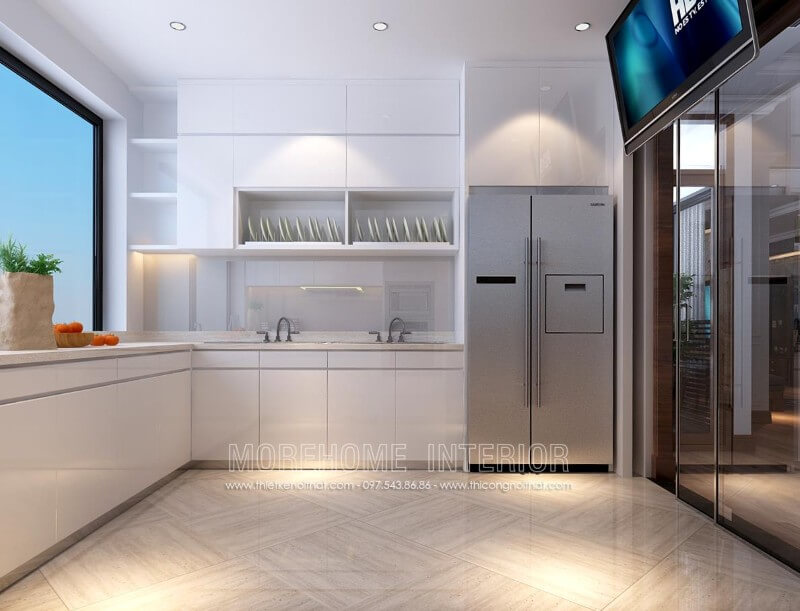 Tủ bếp đẹp được thiết kế riêng biệt, sử dụng vách kính cường lực cao cấp tạo độ thoáng cũng như tránh ám mùi cho các không gian sinh hoạt khác Thiết kế tủ bếp đẹp