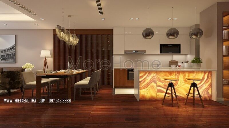 Mẫu tủ bếp chung cư đẹp kết hợp sư dụng tone màu trắng ấn tượng mang đến cảm giác sạch sẽ, tinh tế nhẹ nhàng, tạo cảm giác cơi nới cho không gian. Tủ bếp hiện đại, tủ bếp chữ u, tủ bếp chữ i, tủ bếp chữ l