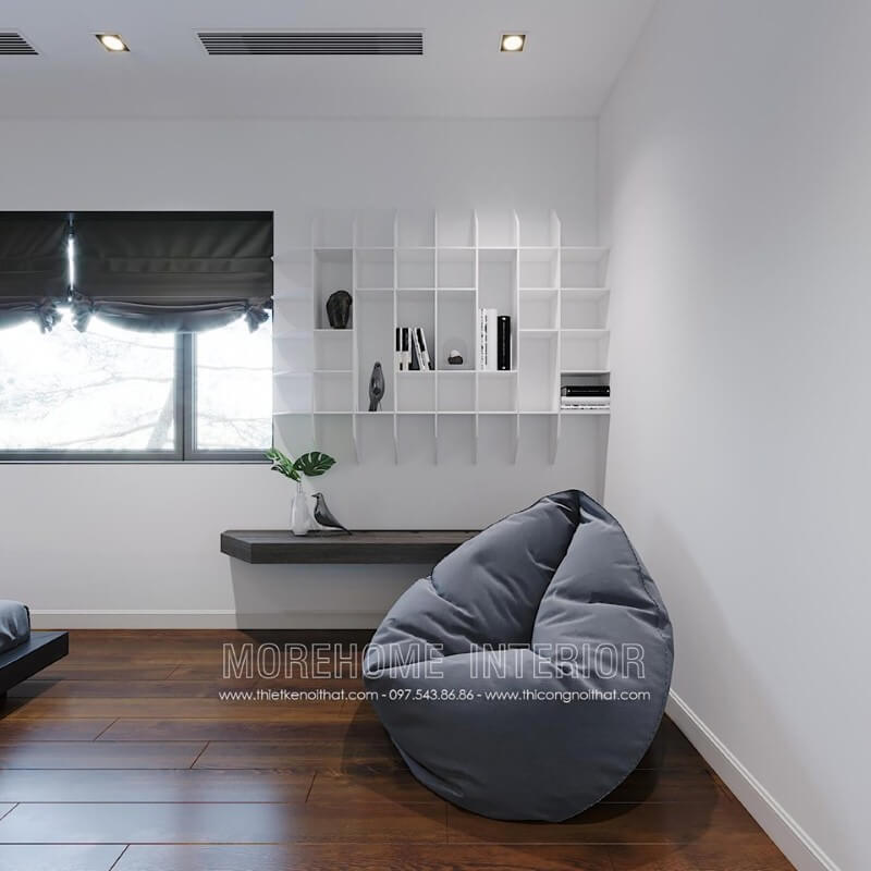 Ghế lười êm ái với kiểu dáng độc đáo cho không gian đọc sách trong phòng ngủ hiện đại. Thiết kế nội thất phòng ngủ biệt thự