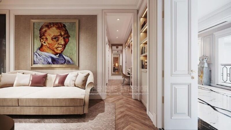 Tranh canvas chân dung họa sĩ Van Gogh nổi tiếng tạo điểm nhấn tuyệt đẹp cho không gian. Thiết kế nội thất phòng ngủ biệt thự