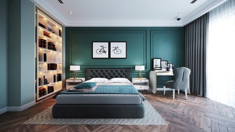 Bộ 2 tranh trang trang tường hình xe đẹp đẹp tạo điểm nhấn sinh động cho phòng ngủ sắc xanh nổi bật. Thiết kế nội thất phòng ngủ biệt thự