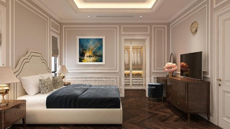 Bố trí nội thất phòng ngủ tân cổ điển có tủ quần áo khoa học, phong thủy. Thiết kế nội thất phòng ngủ biệt thự