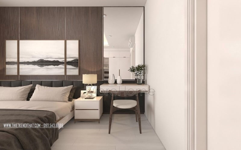 Thiết kế phòng ngủ hiện đại, đẹp với gương trang trí, tranh treo tường canvas, đèn bàn cao cấp. Thiết kế nội thất phòng ngủ biệt thự