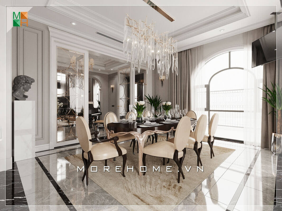 Morehome xin giời thiệu cho quý khách mẫu thiết kế phòng ăn đẳng cấp và sang trọng cho biệt thự, nhà phố, chung cư cao cấp. Thiết kế phòng ăn biệt thự