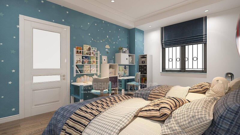 Bạn đang phân vân không biết nên trang trí tường nhà cho phòng của bé nhà mình? Mẫu giấy dán tường màu xanh với bầu trời đầy sao luôn hiện diện trước mắt mỗi khi bé nằm hay ngước lên trên khi đang học bài sẽ là gợi ý độc đáo tang thêm sự thú vị trong ý tưởng thiết kế nội thất phòng của con. Thiết kế nội thất biệt thự