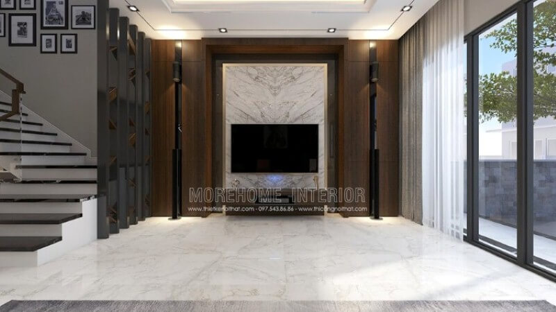 Mẫu đá đối vân ốp tường phòng khách đẹp độc đáo ấn tượng cho các mẫu biệt thự, nhà phố hiện đại. Thiết kế nội thất biệt thự