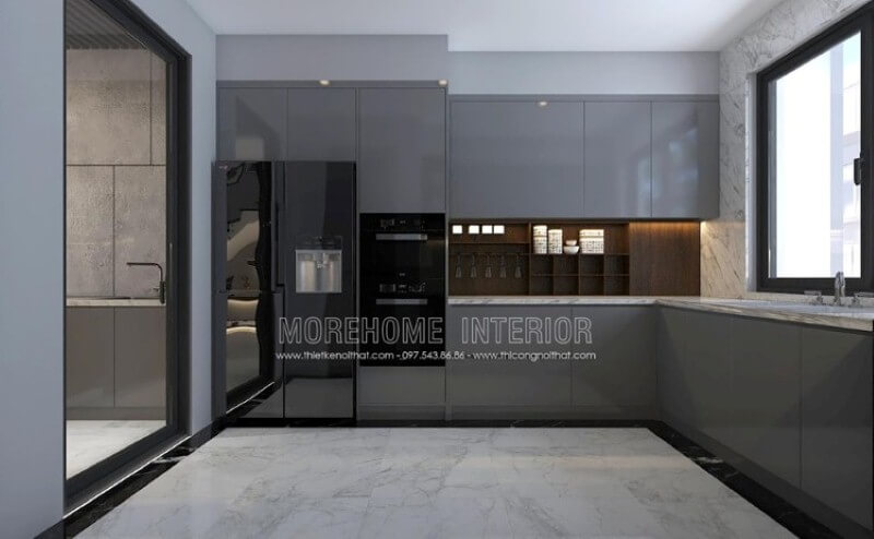 Nếu bạn muốn tách biệt không gian giữa khách và bếp, ý tưởng bố trí phòng bếp sử dụng cửa kính và không gian bếp hiện đại được bố trí một cách khoa học sẽ rất phù hợp nhiều không gian như chung cư, biệt thự, nhà phố trên đây. Thiết kế nội thất biệt thự