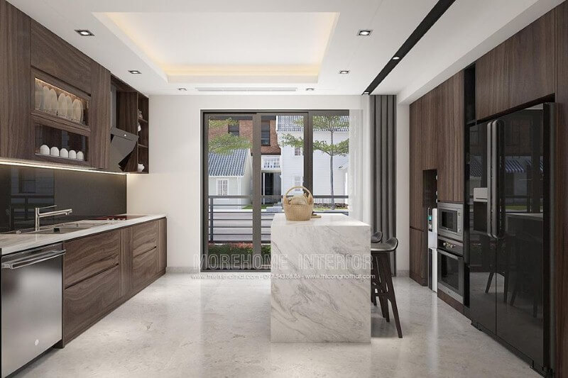 Thiết kế phòng bếp hiện đại ấn tượng với gỗ laminate cao cấp. Thiết kế nội thất biệt thự