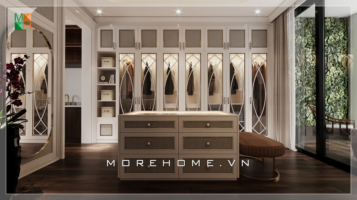Ấn tượng mẫu thiết kế nội thất phòng thay đồ tân cổ điển dành cho nhà phố, biệt thự rất sang trọng và tiện nghi. Thiết kế nội thất biệt thự