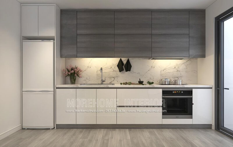 Mẫu thiết kế tủ bếp cho căn hộ chung cư kiểu dáng chữ i nhỏ gọn kết hợp chất liệu công nghiệp chủ đạo tạo không gian thoáng đãng hơn Thiết kế tủ bếp đẹp