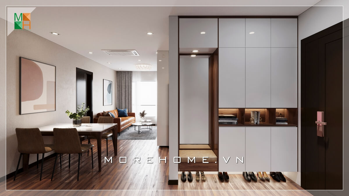 Mẫu tủ quần áo gỗ kết hợp giá để giầy hiện đại thiết kế kịch trần âm tường tối giản diện tích không gian nhà phố, chung cư. Thiết kế chung cư