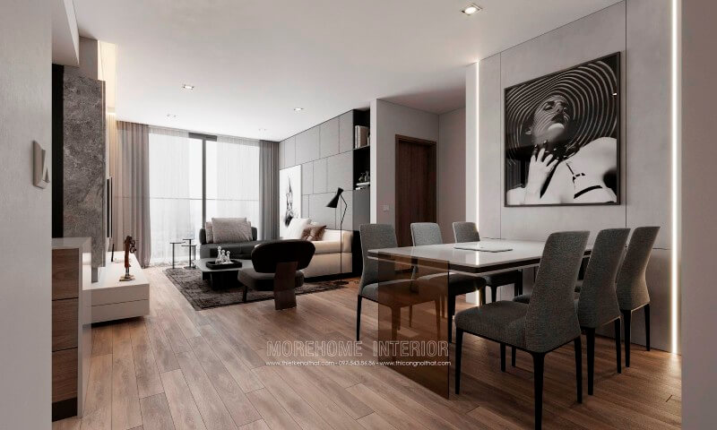 Nội thất chung cư hiện đại được thiết kế đơn giản tông màu xám, tường sử dụng màu xám trắng kết hợp vật liệu gỗ tạo không gian sang trọng, thoáng đãng và tiện nghi hơn Mẫu nội thất chung cư hiện đại