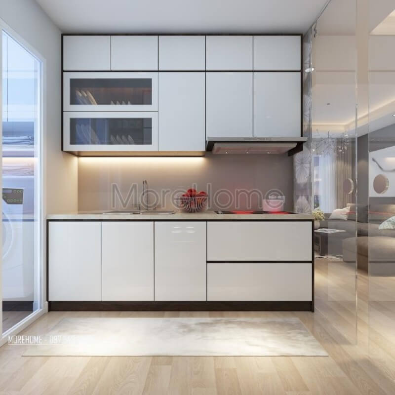 Mẫu tủ bếp gỗ công nghiệp giúp cho gia chủ thuận tiện hơn trong quá trình nấu nướng Thiết kế chung cư