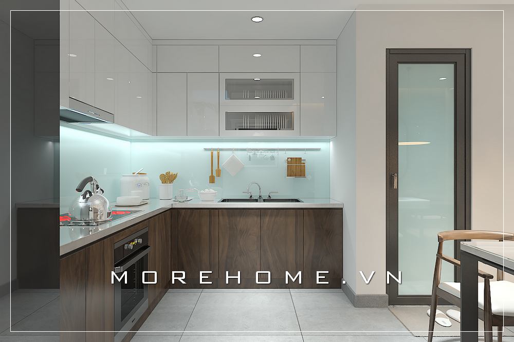 Mẫu tủ bếp gỗ công nghiệp cữ L hiện đại, tone màu nâu của gỗ tạo nên không gian ấm cúng, thiết bị bếp đầu đủ tạo không gian tiện nghi cho người nội trợ Tủ bếp đẹp, sang trọng và đẳng cấp