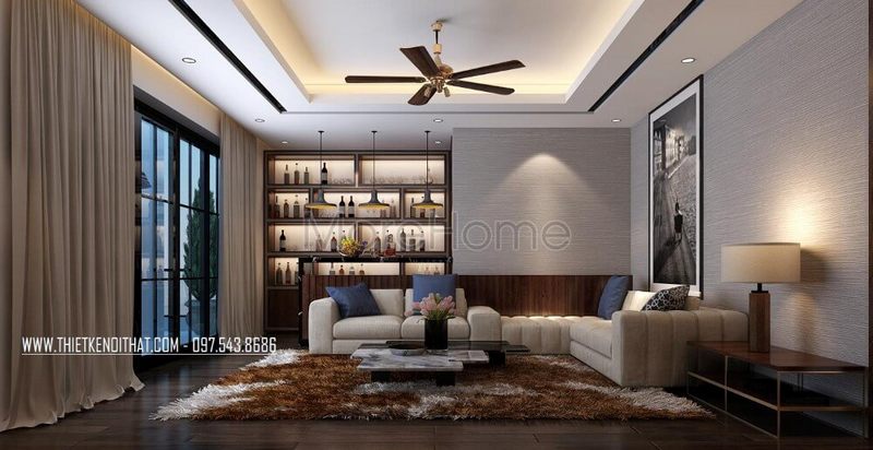 Mảng tường được KTS sử dụng giấy dán tường Hàn Quốc để tránh sự thô cứng, nhàm chán của không gian hiện đại