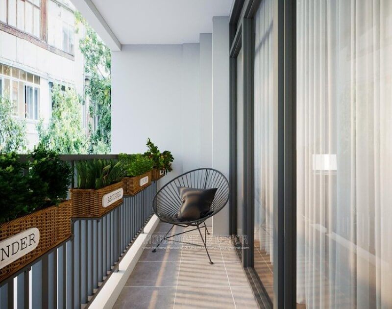 Mẫu thiết kế ban công xanh với giàn giỏ trồng độc đáo.