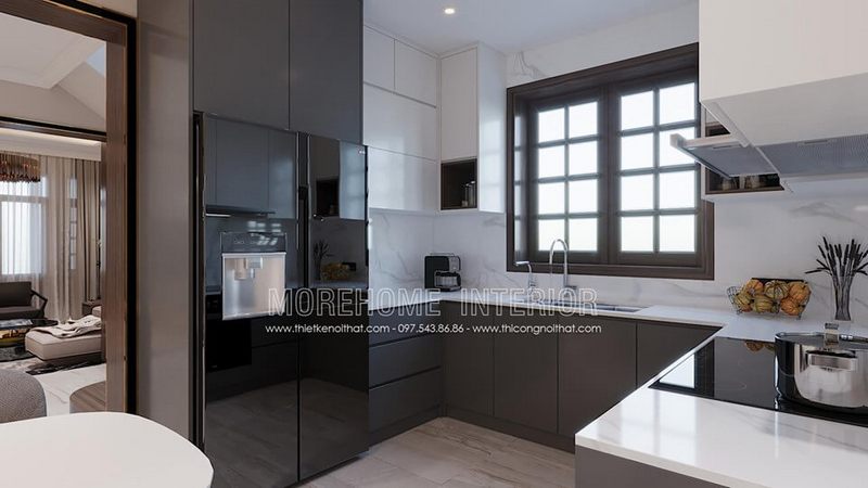 Nội thất tủ bếp bằng gỗ công nghiệp thiết kế đơn giản với tông màu mâu trắng nhẹ nhàng