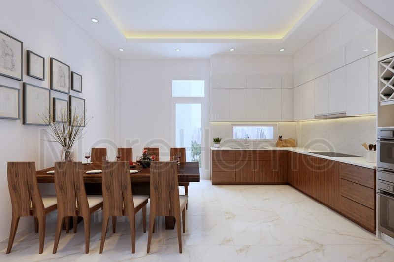 Mẫu tủ bếp thiết kế chữ L, gỗ công nghiệp với gam màu đồng nhất với nội thất âm tường tiết kiệm được không gian mà không kém phần sang trọng