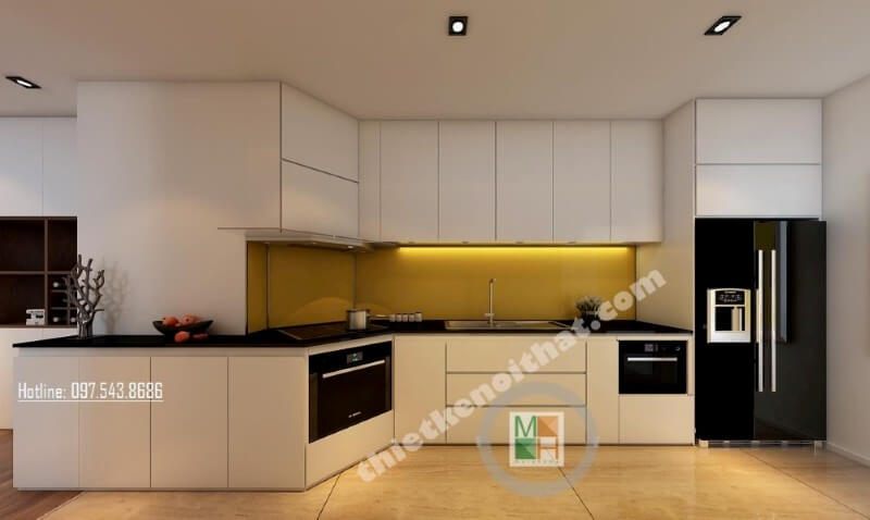 Mẫu tủ bếp hiện đại được thiết kế một cách khéo léo, khu vực sơ chế và khu vực bếp nấu được bố trí khoa học, tạo cho người nội trợ dễ dàng nấu nướng hơn