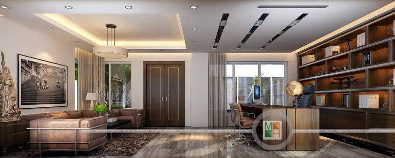 Bộ sofa bọc da màu nâu cao cấp tạo điểm nhấn nổi bật cho văn phòng làm việc giám đốc.