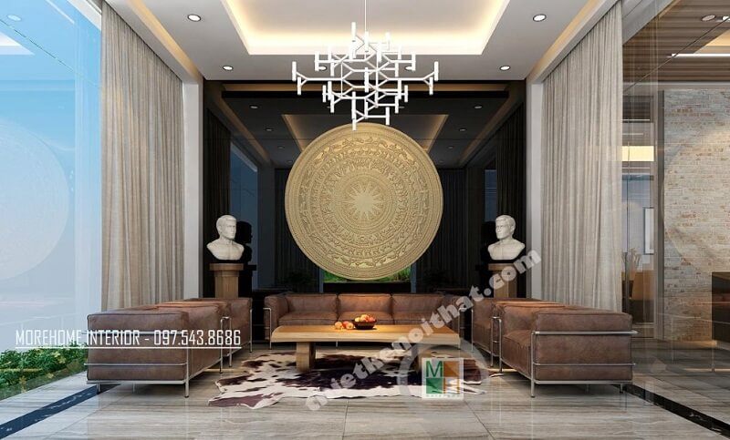 Thiết kế phòng tiếp khách tại sảnh công ty VCC mang phong cách trang trọng và truyền thống với tông màu chủ đạo nâu trầm tạo cảm giác đơn giản, gần gũi.