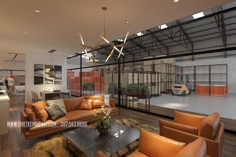 Mẫu thiết kế khu vực tiếp khách showroom khoa học với khu vực kho bãi được ngăn cách nhau bởi tấm kính cường lực dày 12li cao cấp
