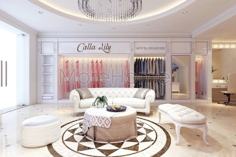 Mẫu thiết kế showroom áo cưới đẹp được tạo bởi các KTS MoreHome tài năng với cách sếp xếp nội thất hợp lí cùng màu sắc tinh tế, ấn tượng