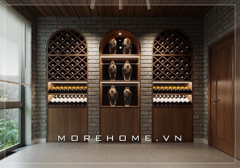Mẫu thiết kế tủ rươu gỗ sang trọng cho tầng hầm biệt thự cuốn hút mọi ánh nhìn.