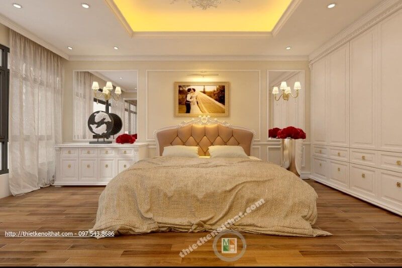 Mẫu giường ngủ gỗ tự nhiên được đặt ở chính giữa căn phòng, mang lại sự hài hòa, hợp lí cho không gian riêng tư của gia chủ