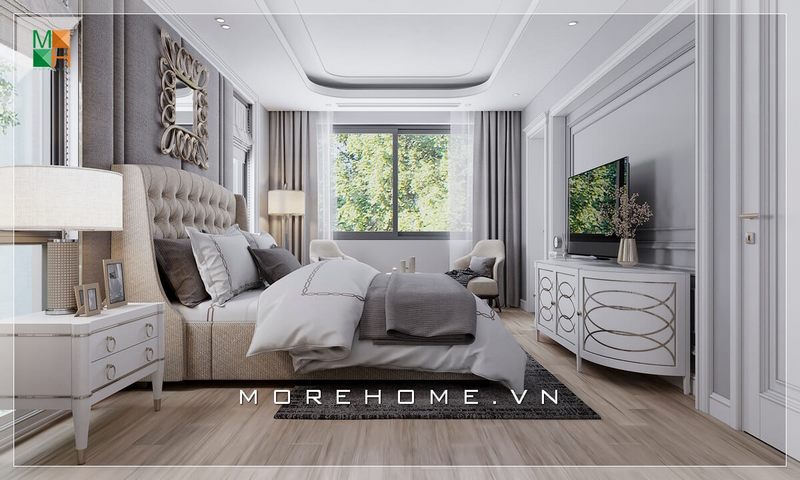 Mẫu giường ngủ tân cổ điển màu kem rất sang chảnh tạo sự tiện nghi cho căn phòng ngủ biệt thự, nhà phố