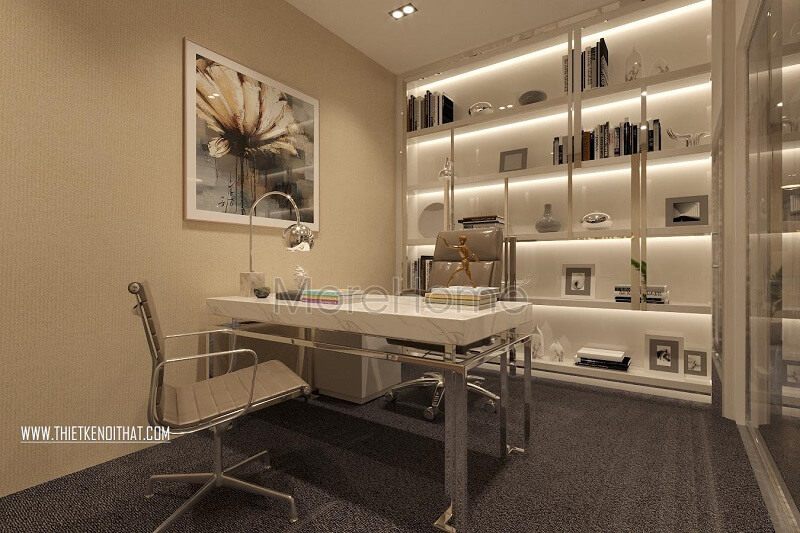 Trang trí phòng giám đốc sử dụng giấy dán tường màu nâu nhạt, kết hợp bức tranh nghệ thuật tạo nên không gian làm việc lí tưởng