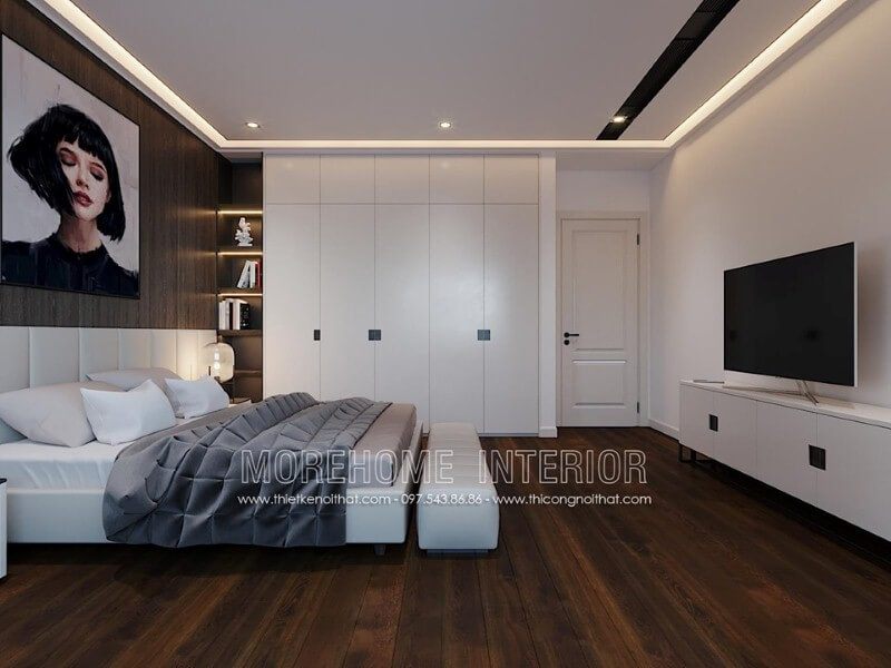 Sắp xếp nội thất phòng ngủ ấn tượng với tủ quần áo sơn trắng kết hợp kệ trang trí sát giường ngủ.