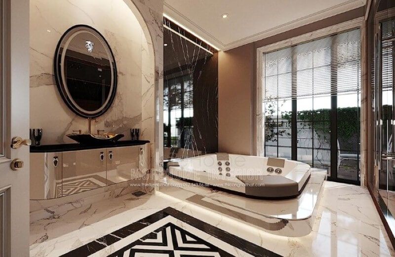 Đá ốp đối vân đẹp cho phòng tắm có bồn cao cấp, sang trọng.