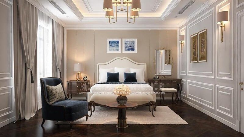 Sắp xếp phòng ngủ master tân cổ điển sang trọng, quý phái ấn tượng với nội thất gỗ óc chó tự nhiên cao cấp.