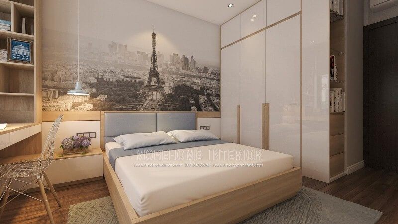 Ý tưởng sáng tạo trong thiết kế nội thất phòng ngủ nhỏ nhưng tiện ghi với tab đầu giường làm kệ trang trí, tủ quần áo lồng với kệ để đồ cùng đèn thả ấn tượng giúp không gian phòng ngủ luôn đẹp và thông thoáng.