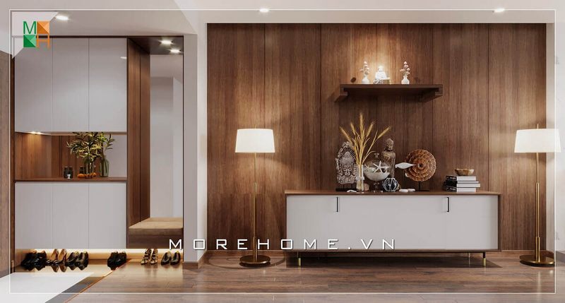 Mẫu thiết kế bàn thờ gỗ treo tường rất ấn tượng, thiết kế nhỏ gọn nhưng vẫn đảm bảo tính năng và đậm chất linh thiêng nơi thờ phụng cho chung cư, nhà phố, biệt thự.