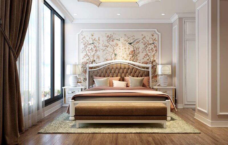 Mẫu thiết kế nội thất phòng ngủ chung cư tân cổ điển sang trọng và ấn tượng với điểm nhấn là tone màu nâu nhẹ.