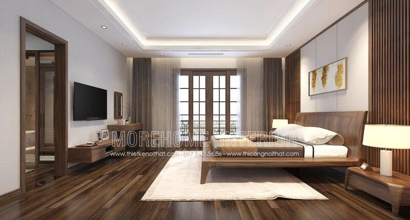 Mẫu kệ tivi gỗ óc chó kiểu dáng hiện đại, đơn giản mà đẹp tại không gian nội thất phòng ngủ ở biệt thự An Hưng Hà Đông, Hà Nội