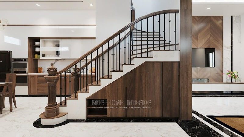 Tay cầu thang gỗ óc chó được thiết kế theo phong cách cao cấp.