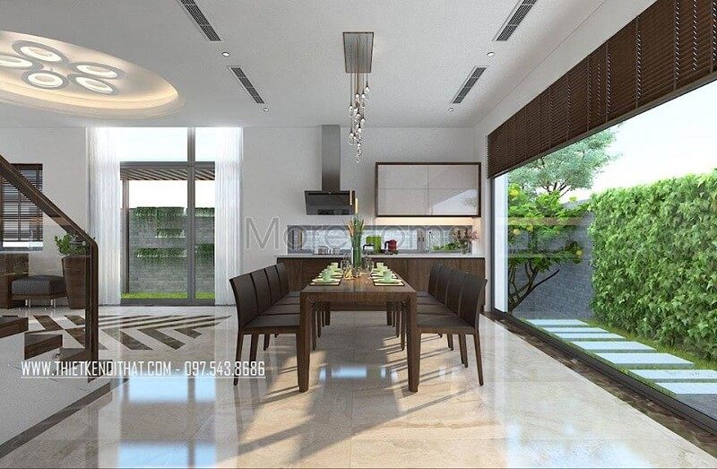Thiết kế nội thất biệt thự cao cấp với bộ bàn ăn gỗ tự nhiên mang đến không gian phòng ăn lí tưởng đẳng cấp