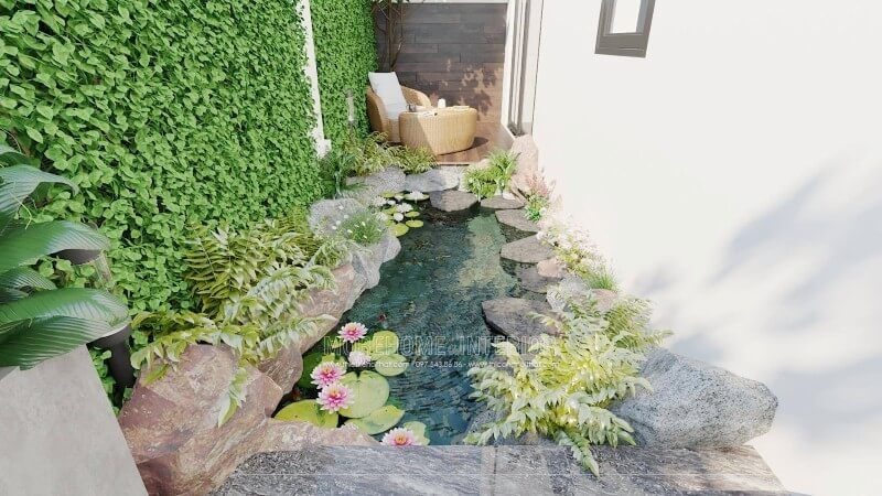 Với căn biệt thự phố của mình, Morehome giới thiệu một mẫu bố trí tiểu cảnh bên hông nhà với khuôn viên nhỏ để bạn có thể ngồi đọc sách và tận hưởng cảm giác thanh mát từ làn nước trong lành, cùng với sức sống tuyệt vời từ những bông sen vươn mình và những phiến lá xanh mềm mại.